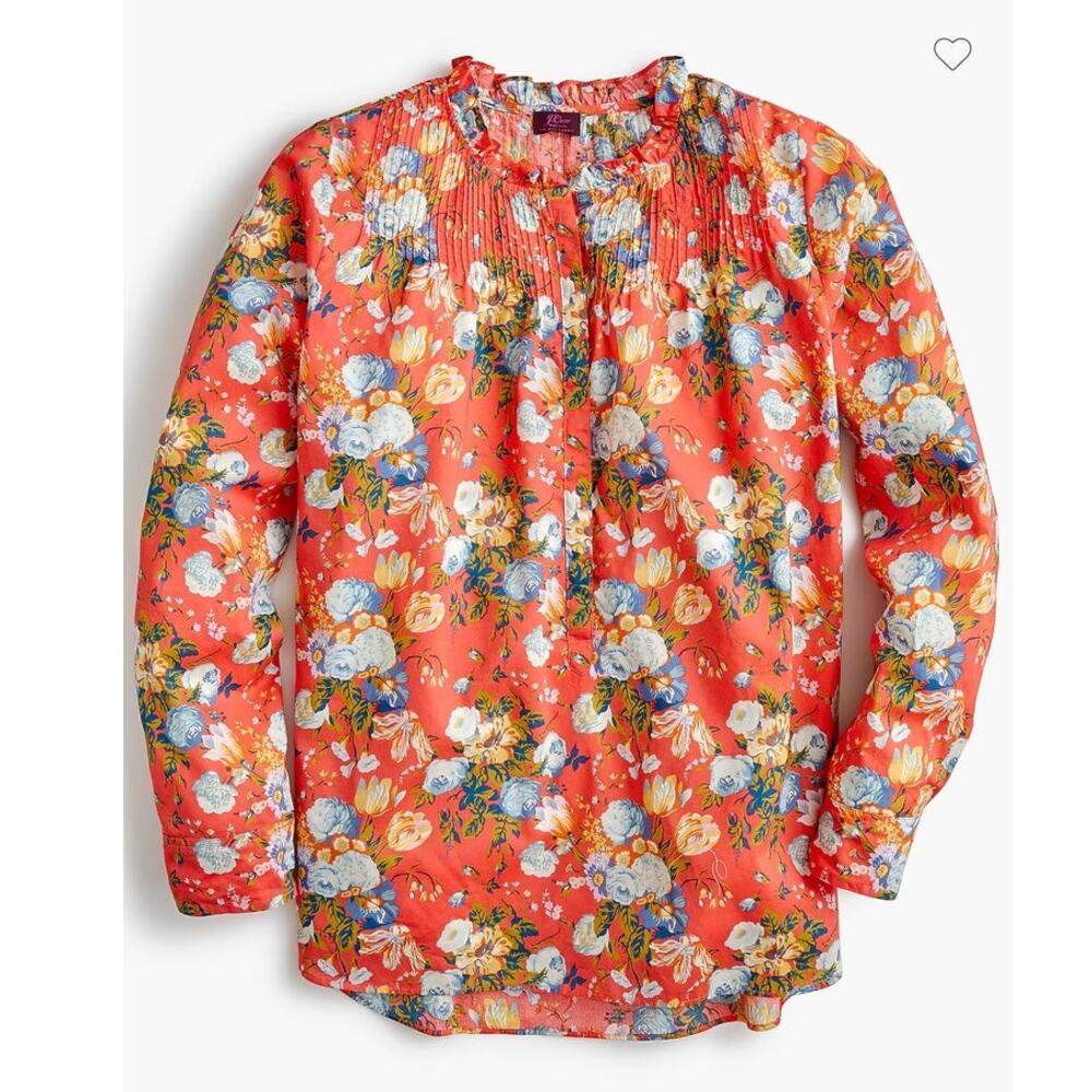 J Crew x Liberty of London Ruffle Classic PopOver Shirt Coral Floral Size 12 NEW